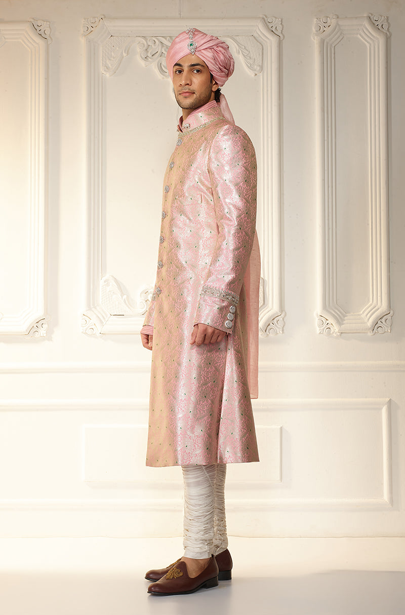 Soft Pink Brocade Achkan Sherwani Set