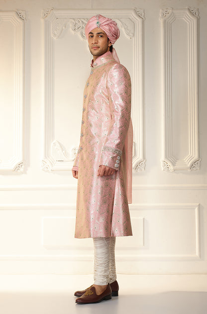 Soft Pink Brocade Achkan Sherwani Set