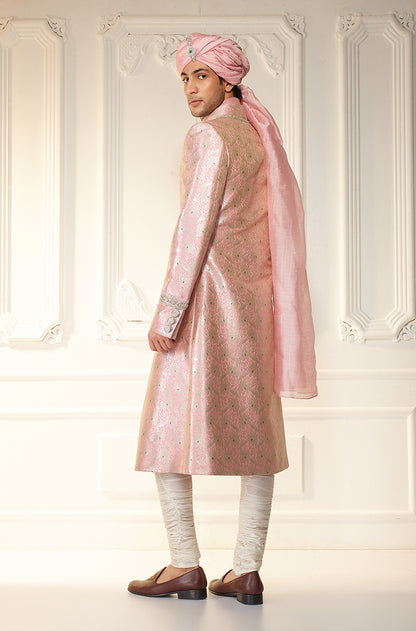 Soft Pink Brocade Achkan Sherwani Set