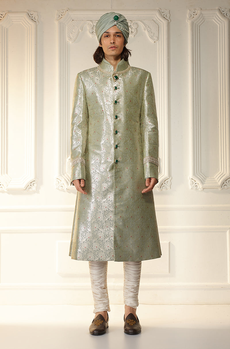 Grey Brocade Achkan Sherwani Set