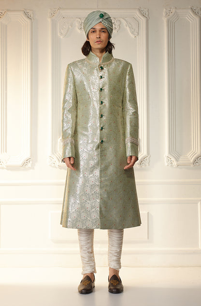 Grey Brocade Achkan Sherwani Set