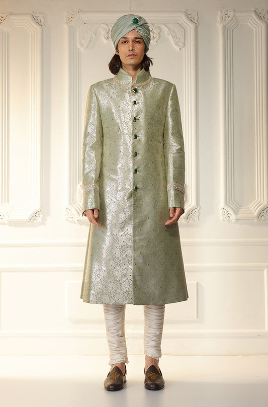 Grey Brocade Achkan Sherwani Set