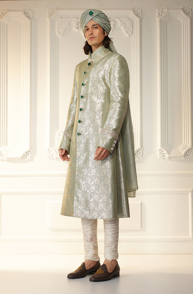 Grey Brocade Achkan Sherwani Set