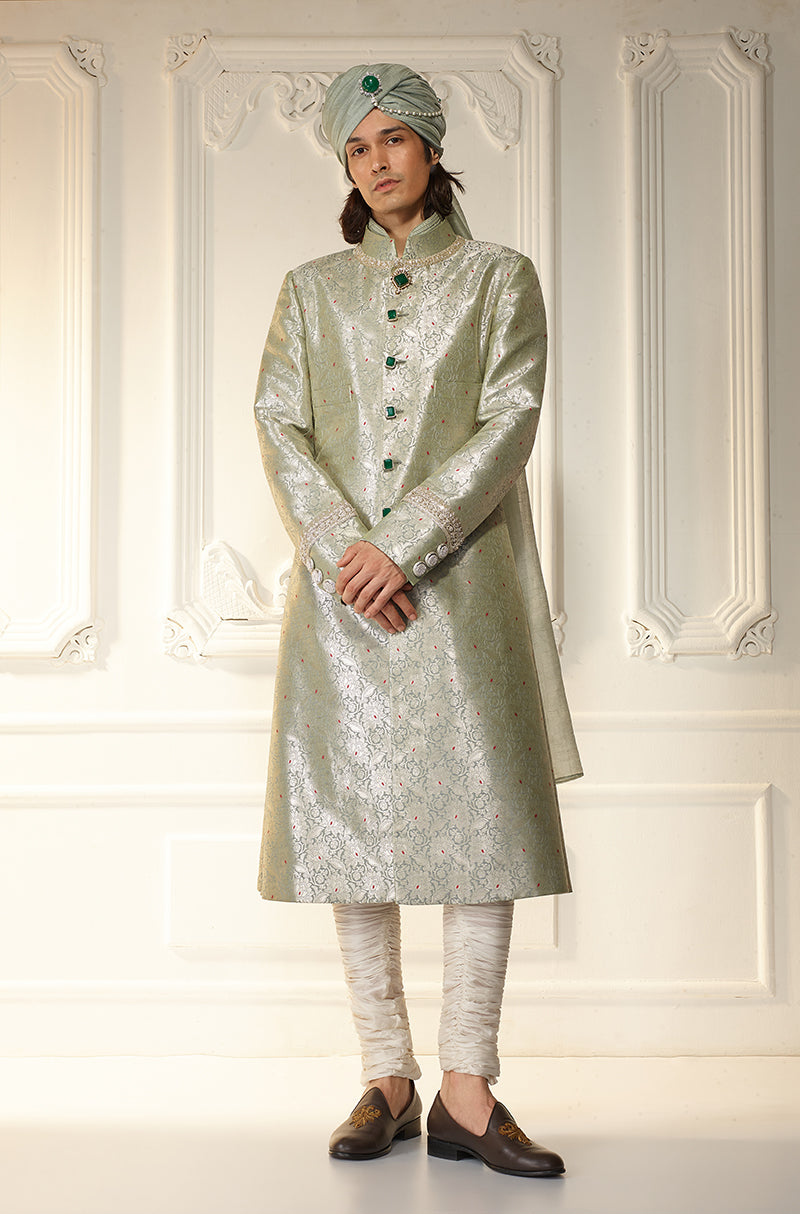 Grey Brocade Achkan Sherwani Set