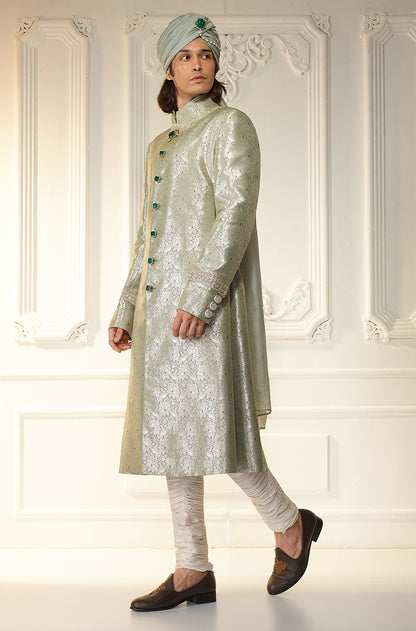 Grey Brocade Achkan Sherwani Set