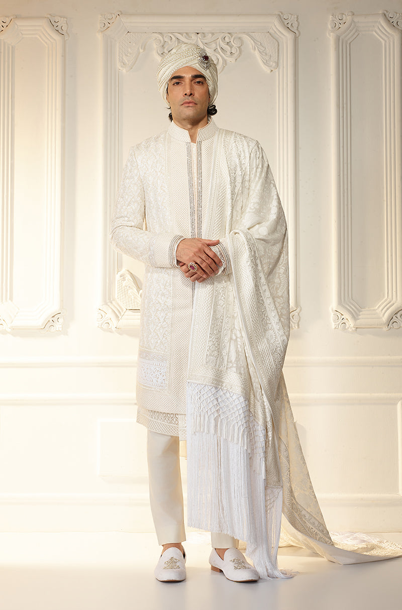 Ivory Kashmiri Embroidered Sherwani Set