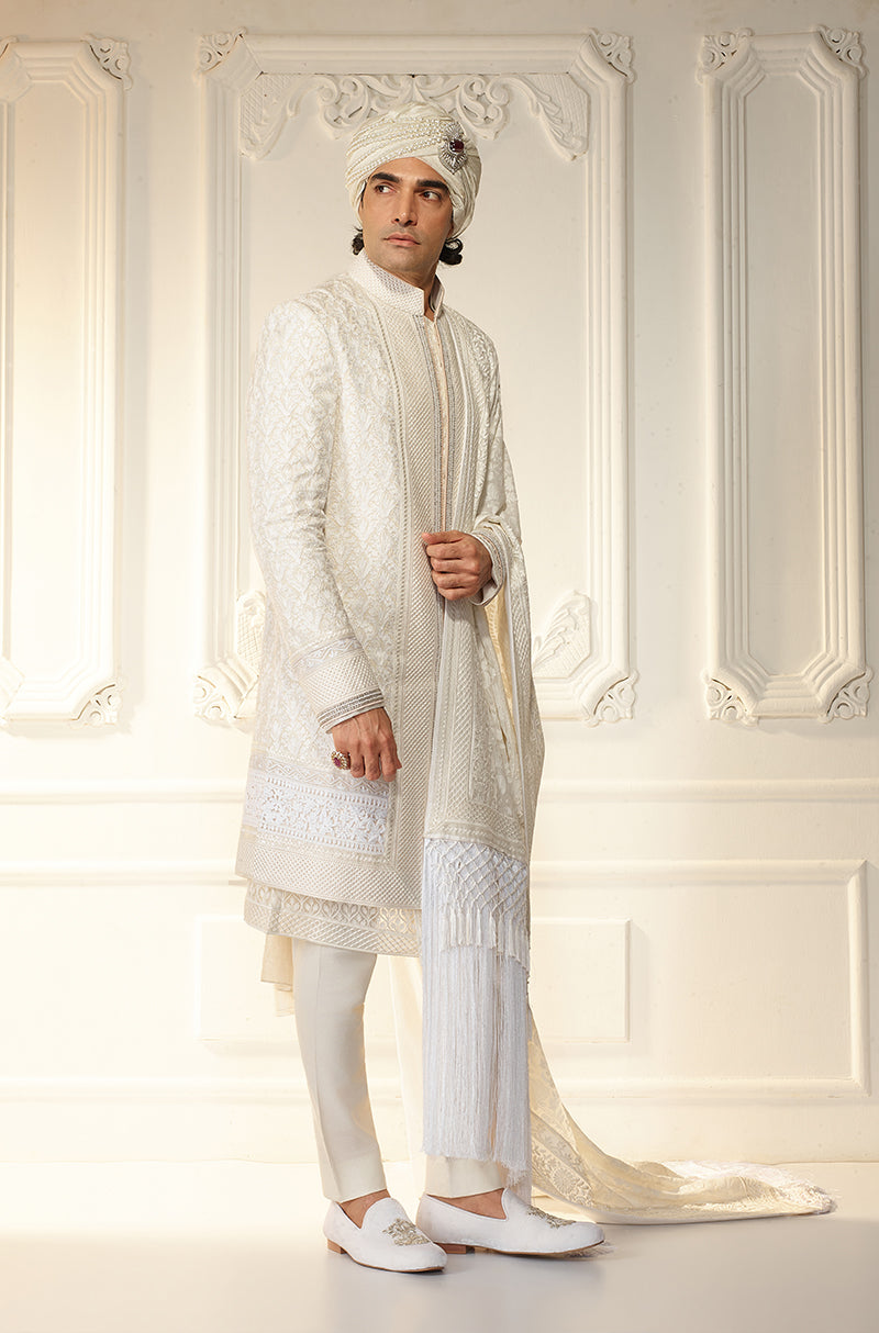 Ivory Kashmiri Embroidered Sherwani Set