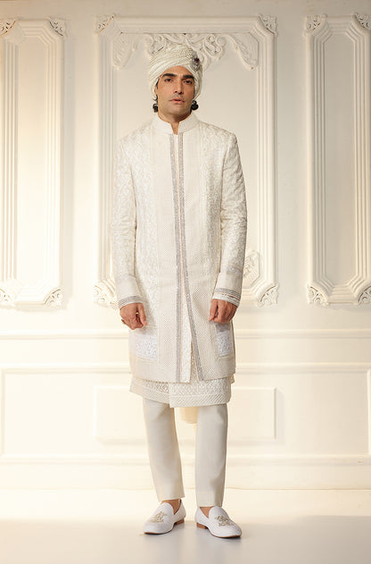 Ivory Kashmiri Embroidered Sherwani Set