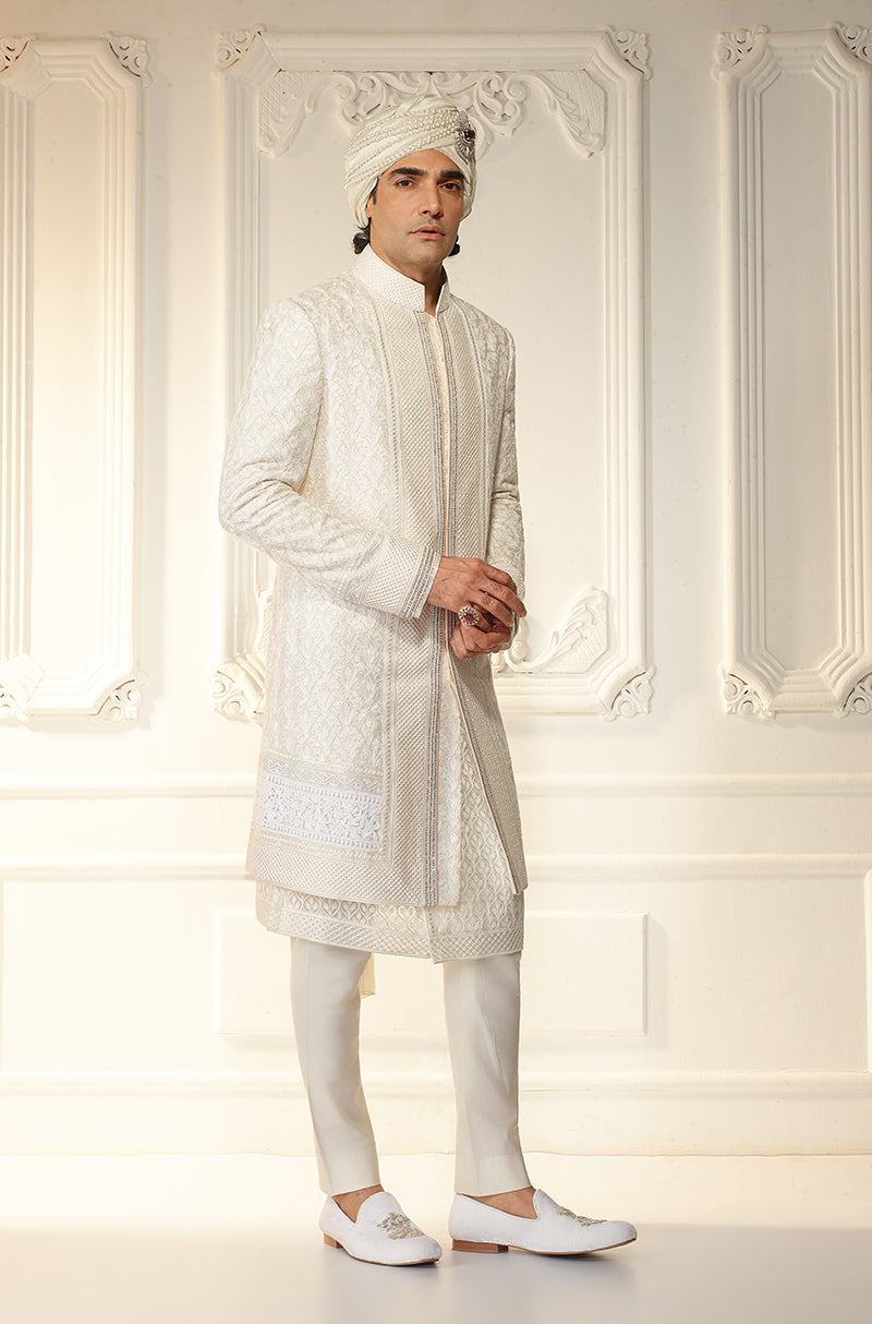 Ivory Kashmiri Embroidered Sherwani Set