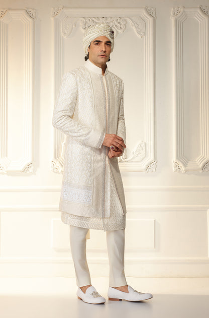 Ivory Kashmiri Embroidered Sherwani Set