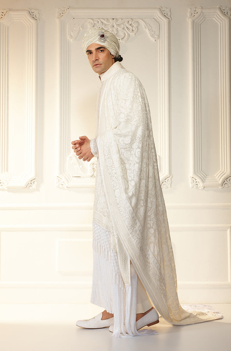 Ivory Kashmiri Embroidered Sherwani Set