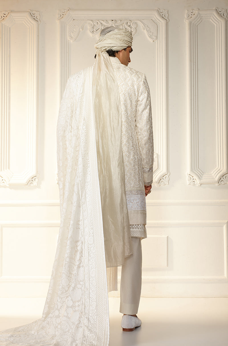 Ivory Kashmiri Embroidered Sherwani Set