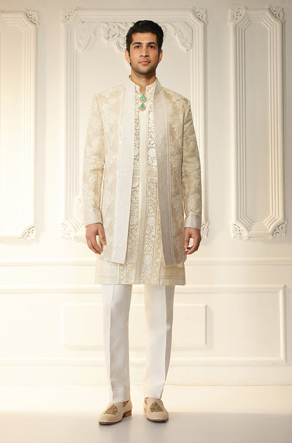 Ivory Floral Threadwork Sherwani Set