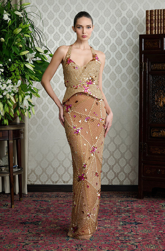 Gold & Ruby Stones Sheer Embroidered Skirt Set