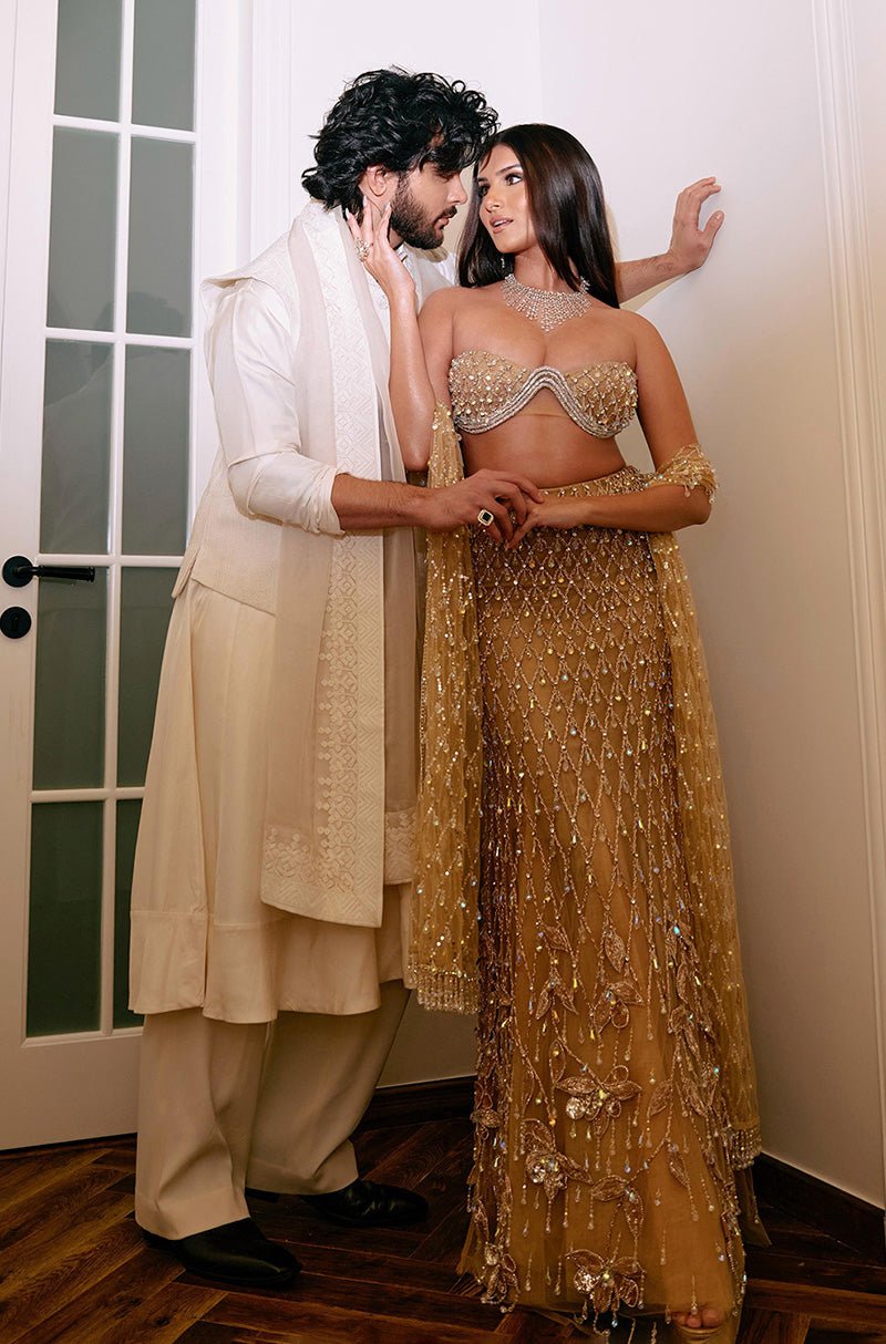 Tara Sutaria in our Beige Tulle Slim Embroidered Skirt Set