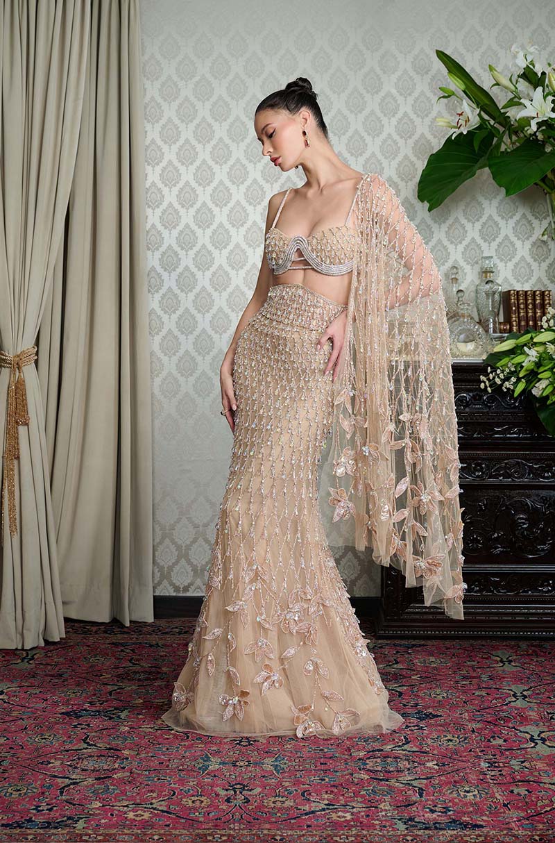 Beige Tulle Slim Embroidered Skirt Set