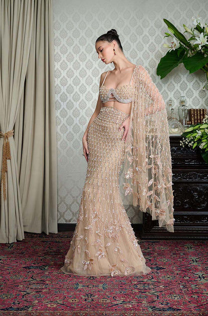 Beige Tulle Slim Embroidered Skirt Set