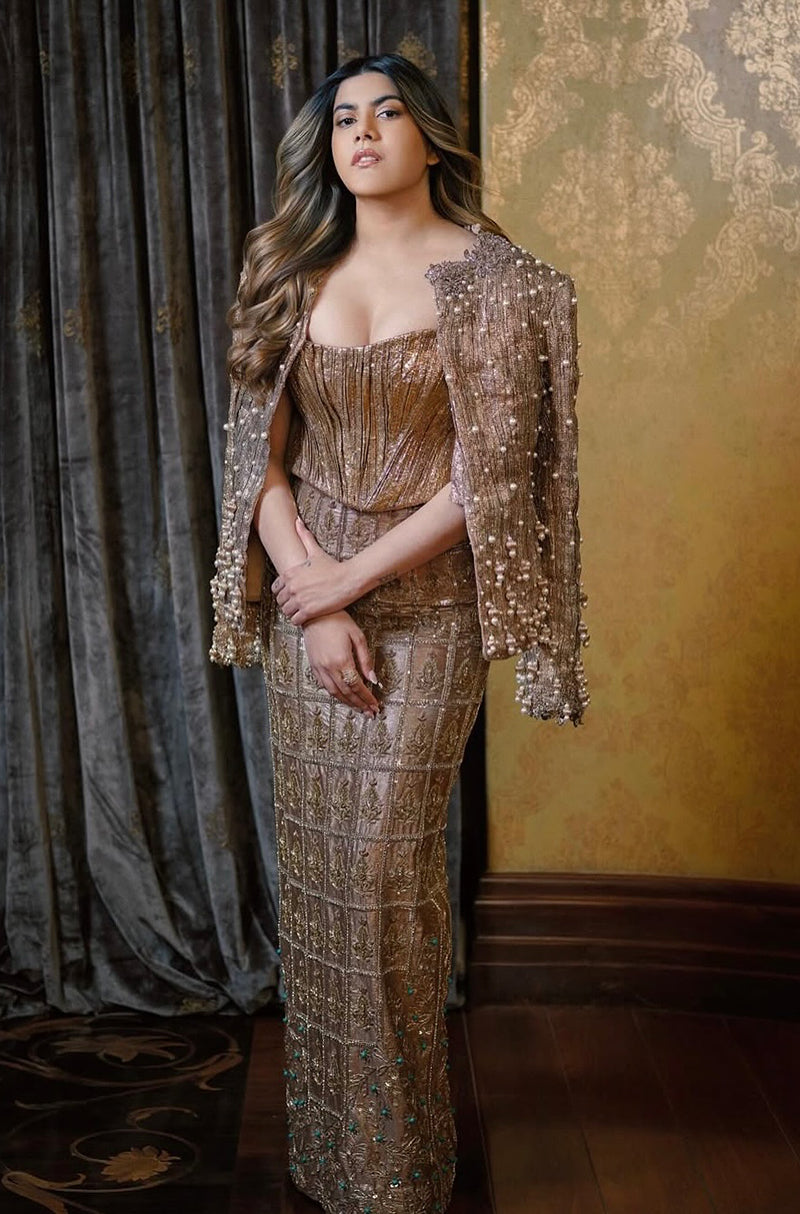 Ananya Birla in our Gold Zardozi Embroidered Brocade Skirt Set