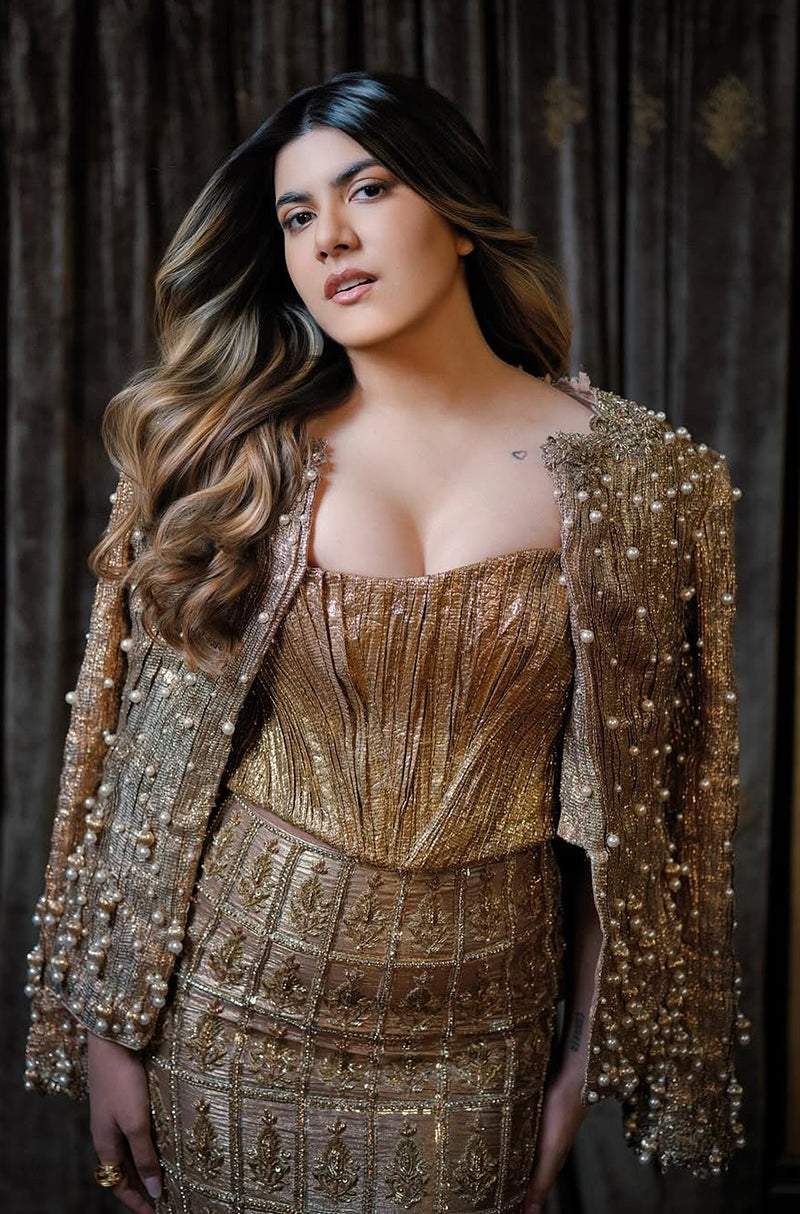 Ananya Birla in our Gold Zardozi Embroidered Brocade Skirt Set