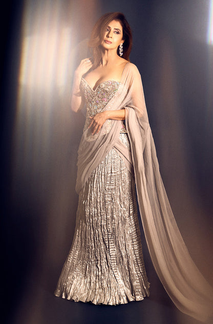 Urmila Matondkar in our Silver Jeweled Corset Tissue Skirt Set