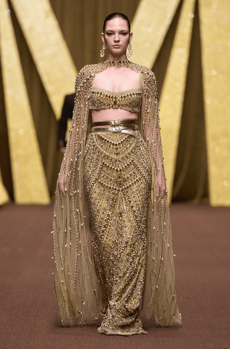 Gold Stone & Pearl Embroidered Slim Skirt Set