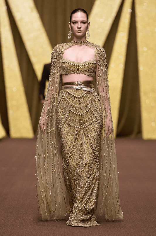 Gold Stone & Pearl Embroidered Slim Skirt Set