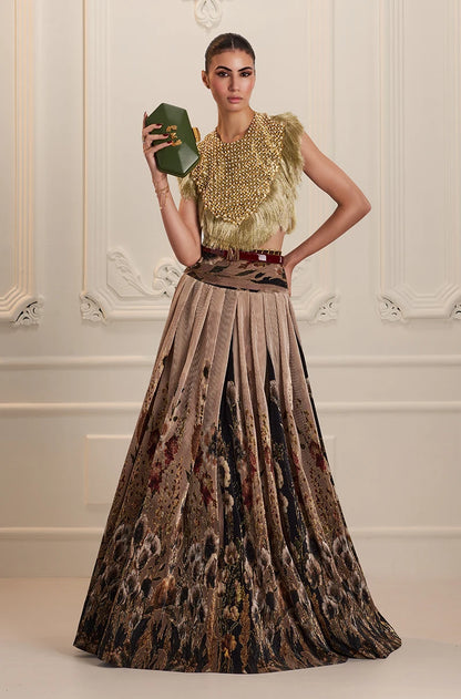 Green & Black Floral Printed Pleated High Waist Lehenga Set