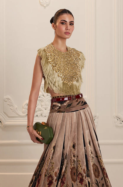 Green & Black Floral Printed Pleated High Waist Lehenga Set