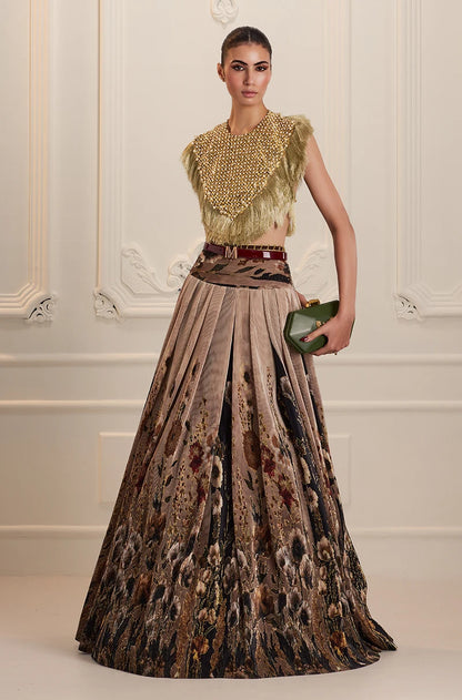 Green & Black Floral Printed Pleated High Waist Lehenga Set