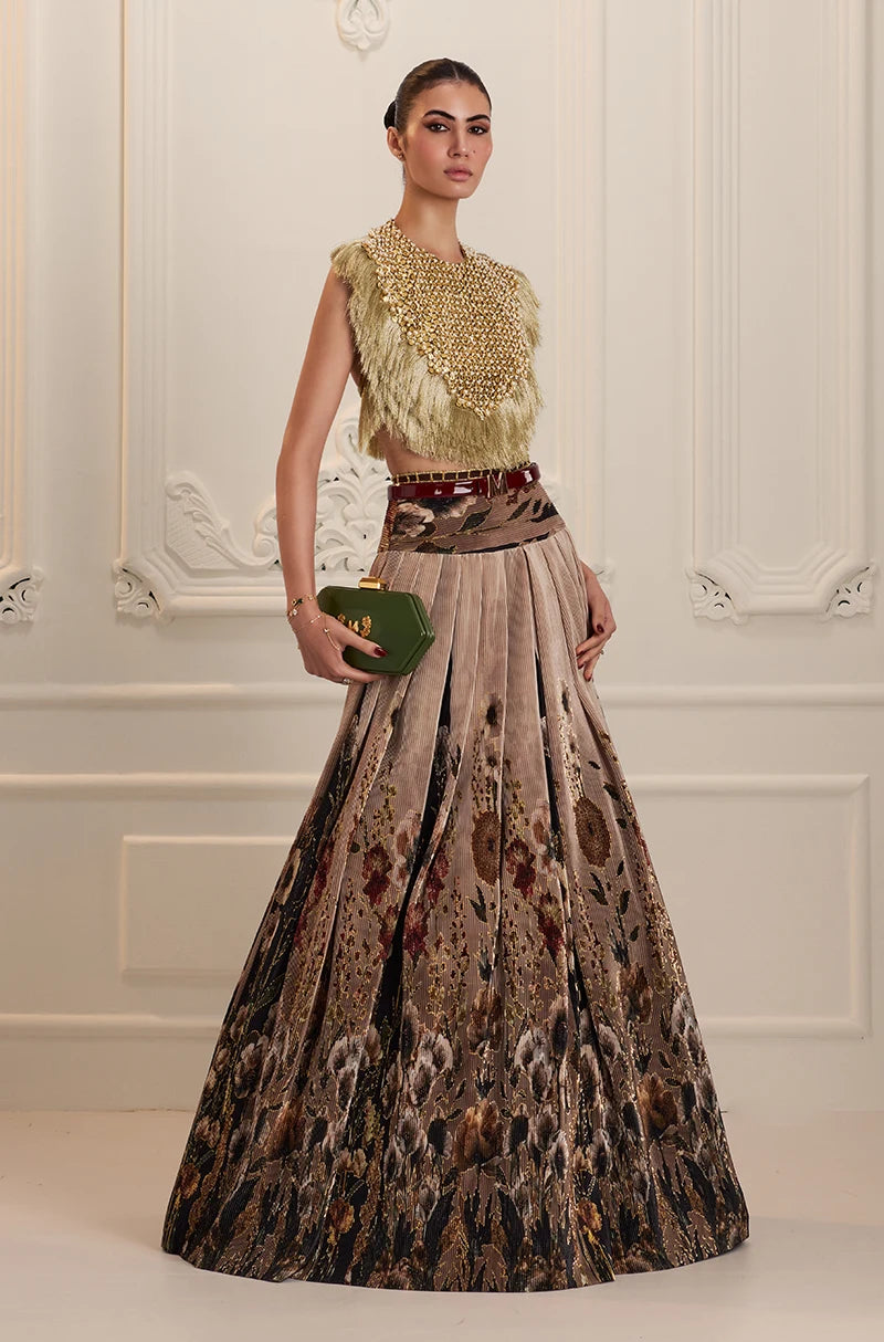 Green & Black Floral Printed Pleated High Waist Lehenga Set