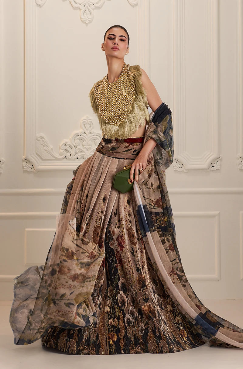 Green & Black Floral Printed Pleated High Waist Lehenga Set