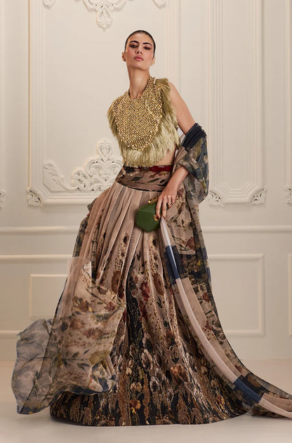 Green & Black Floral Printed Pleated High Waist Lehenga Set