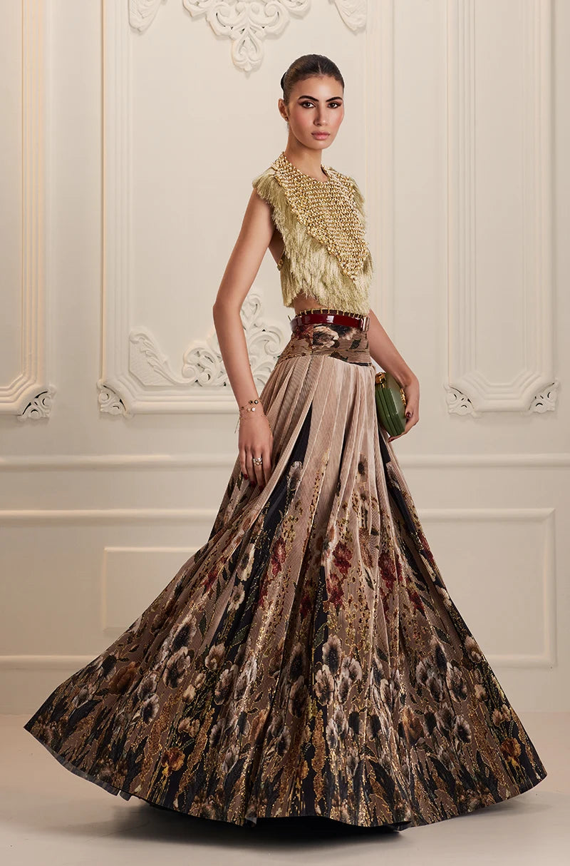 Green & Black Floral Printed Pleated High Waist Lehenga Set