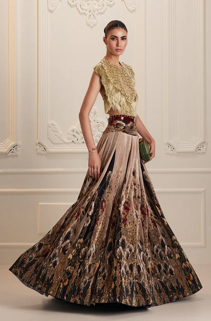 Green & Black Floral Printed Pleated High Waist Lehenga Set