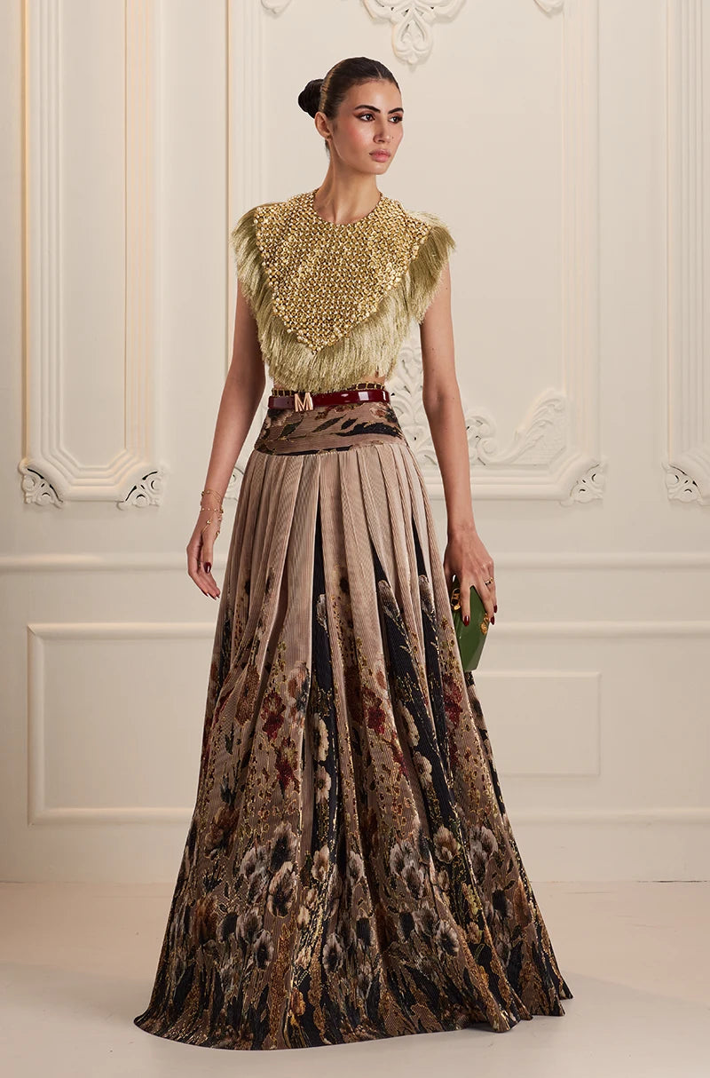 Green & Black Floral Printed Pleated High Waist Lehenga Set