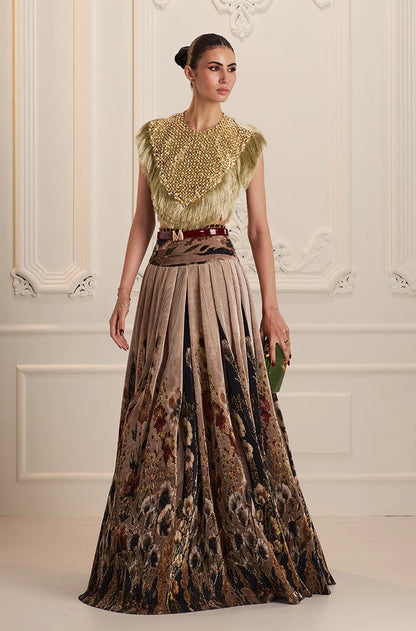 Green & Black Floral Printed Pleated High Waist Lehenga Set