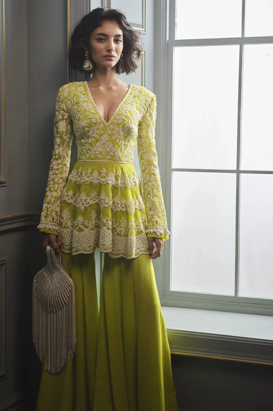 Neon Green Short Peplum Kurta Set