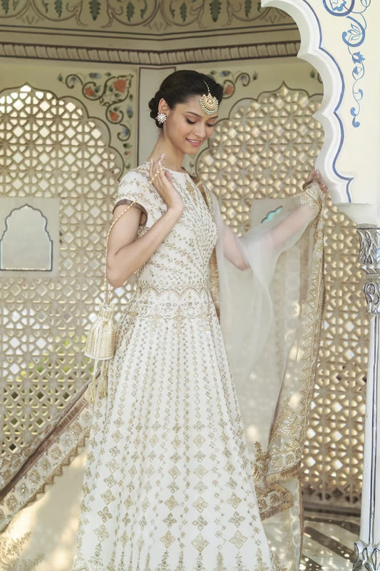 Ivory Gold Embroidered Anarkali Set
