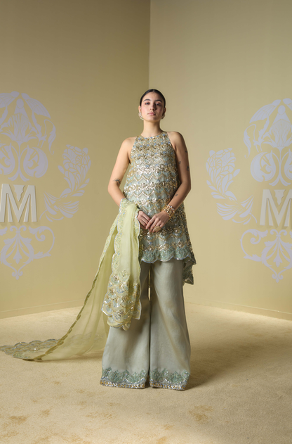 Sage Green Organza Taban Embroidered Kurta Set