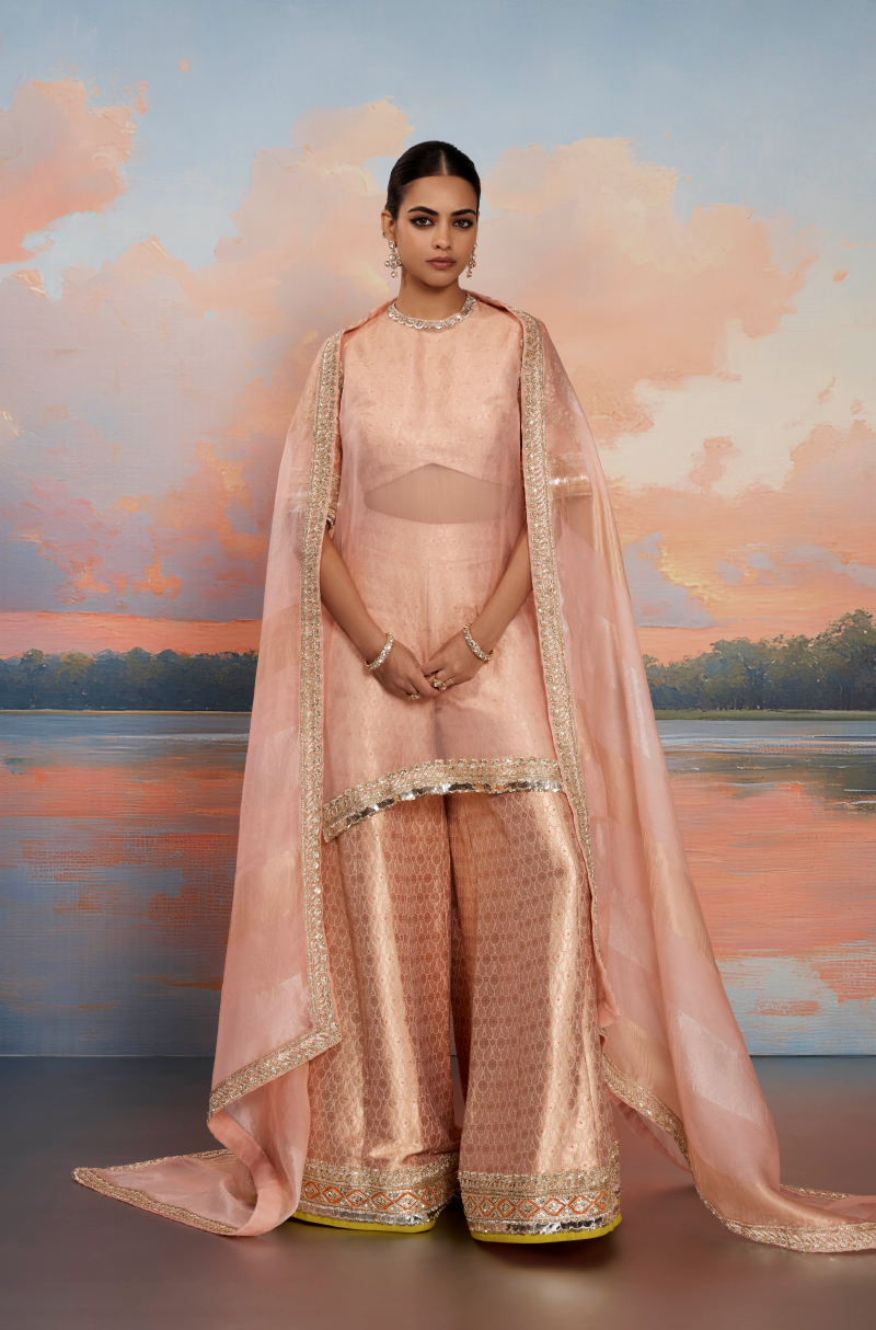 Peach Tissue Kurta Set