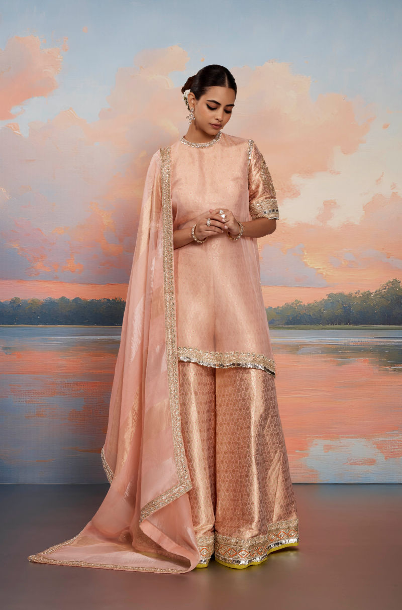 Peach Tissue Kurta Set