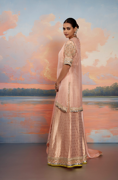 Peach Tissue Kurta Set