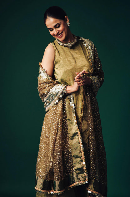 Genelia Deshmukh in our Olive Green Tissue Kurta Set