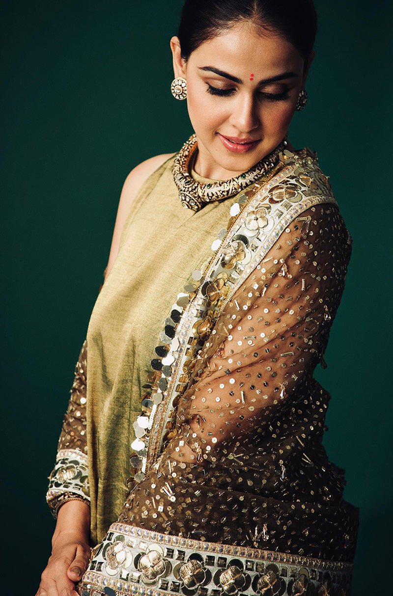 Genelia Deshmukh in our Olive Green Tissue Kurta Set