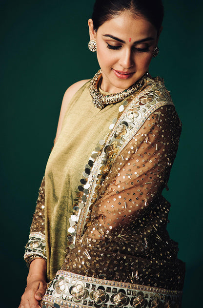 Genelia Deshmukh in our Olive Green Tissue Kurta Set