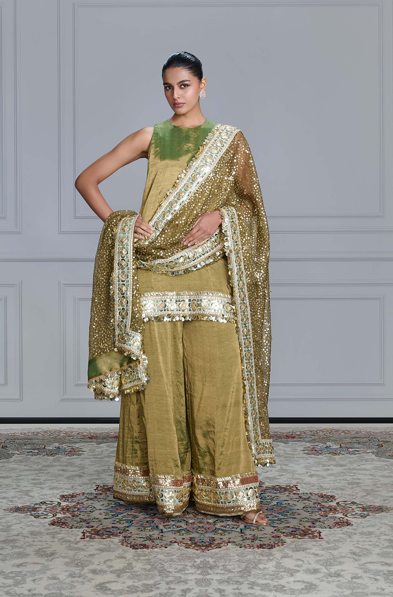 Olive Green Tissue Kurta Set