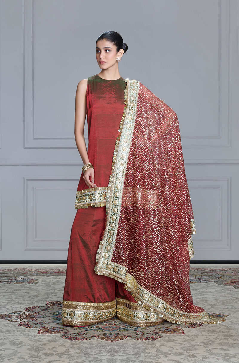 Maroon Tissue Kurta Set