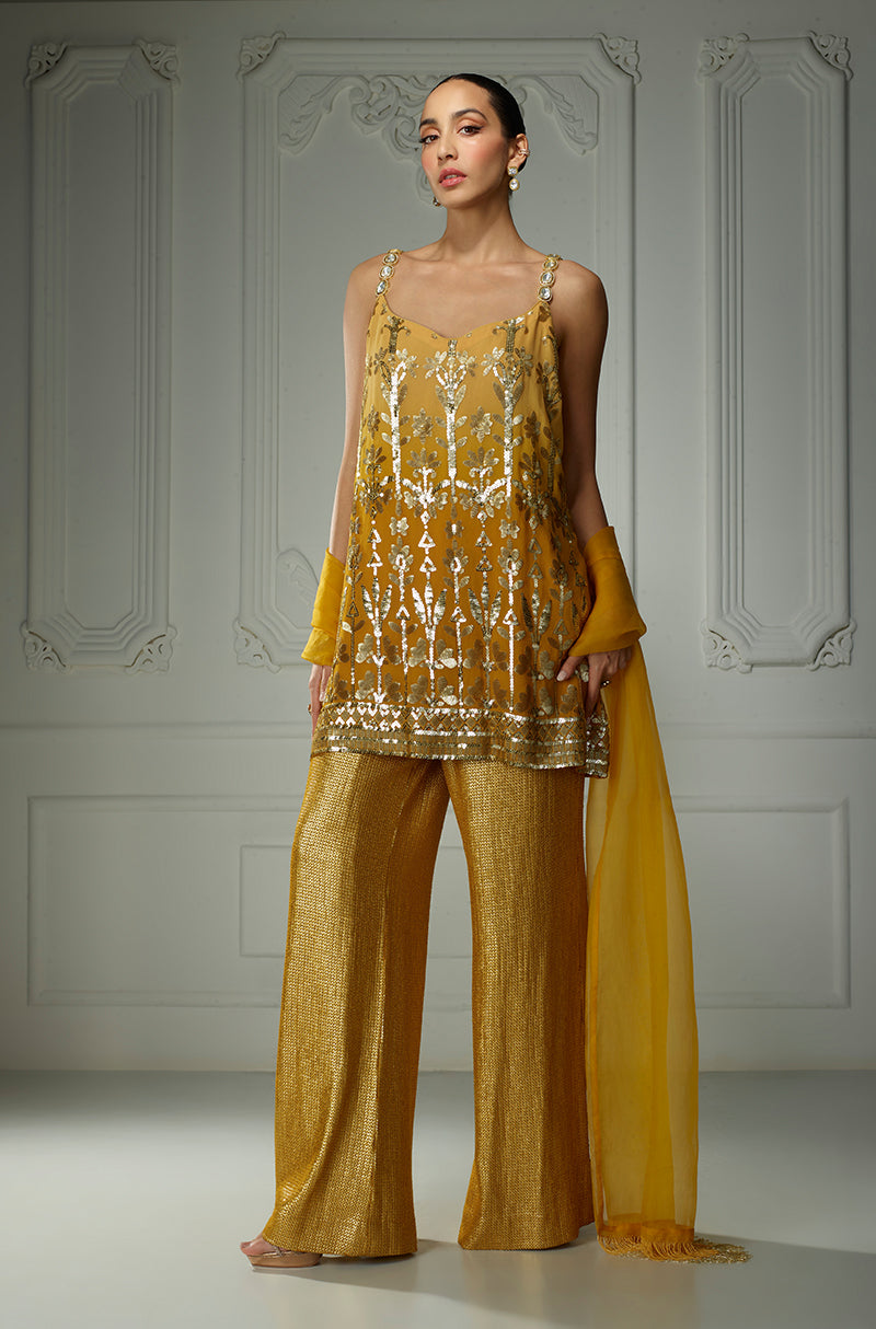 Mustard Ombré Matt Leaf Embroidery Sequin Kurta Set