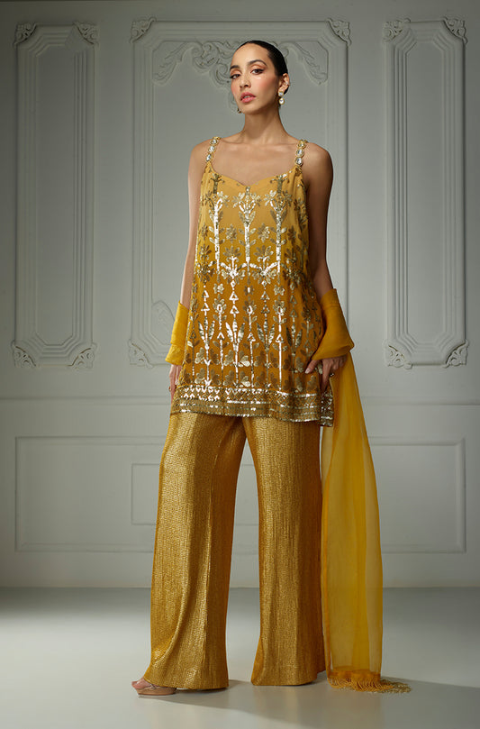 Mustard Ombré Matt Leaf Embroidery Sequin Kurta Set