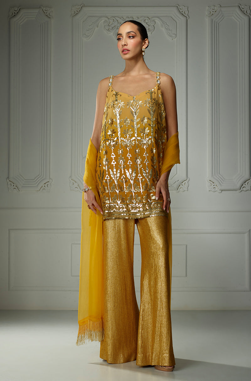 Mustard Ombré Matt Leaf Embroidery Sequin Kurta Set